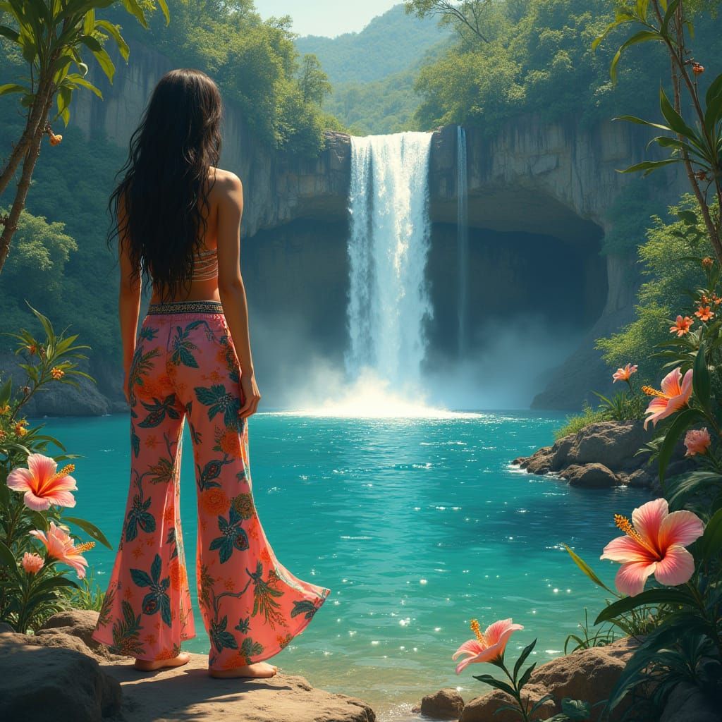 Woman in Tropical Attire by Waterfall and Lagoon
