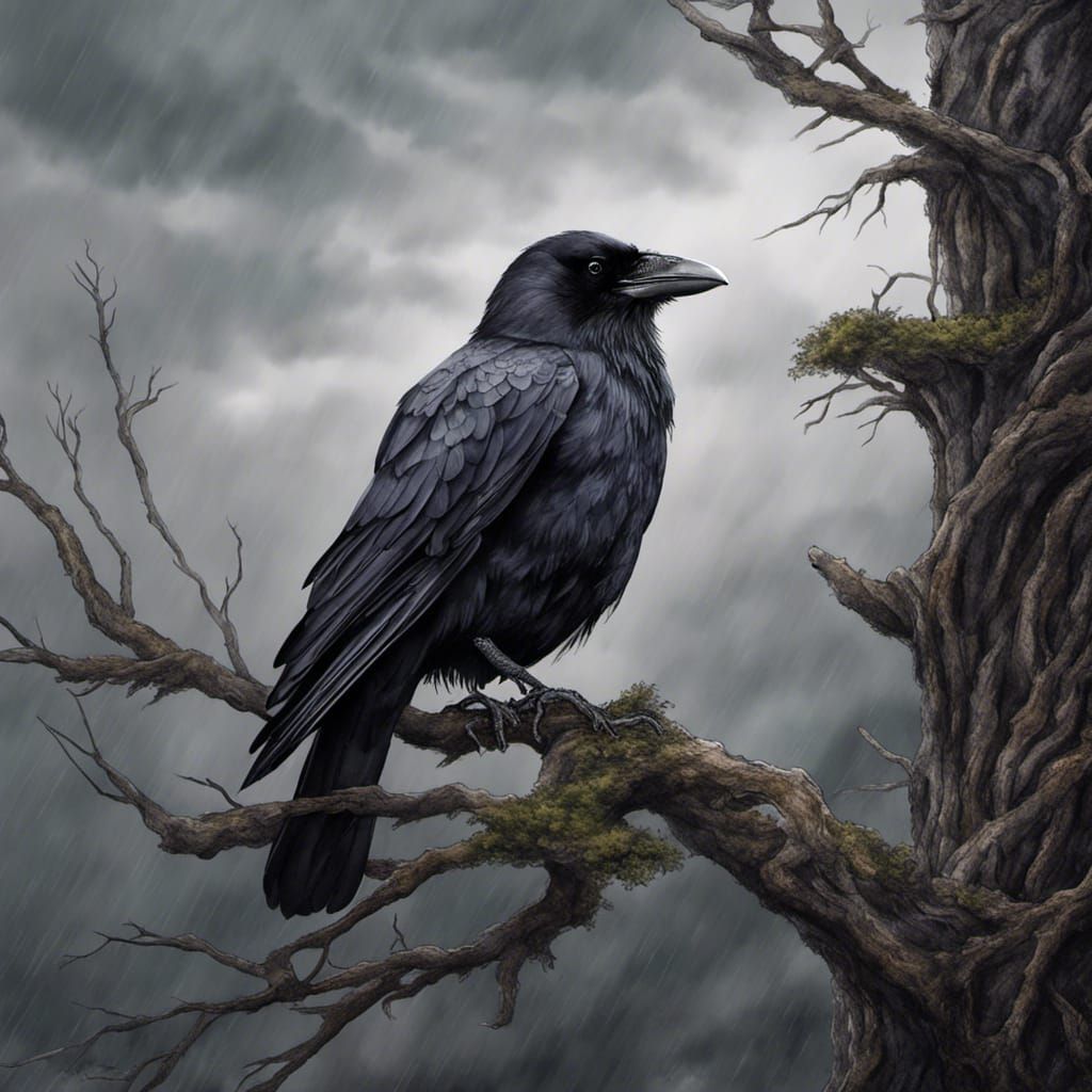 Watercolor Raven in Tree, Moody and Detailed