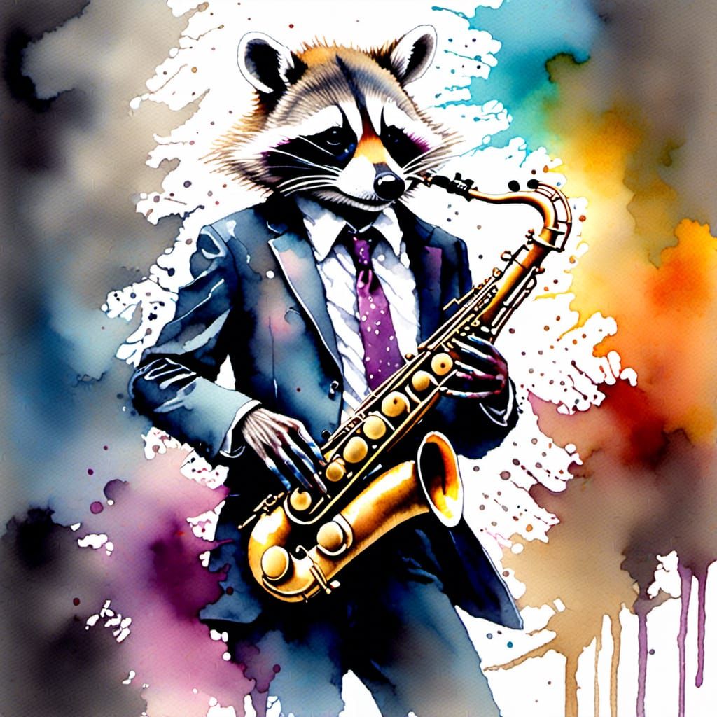 Rocket Racoon Playing Saxophone in Watercolour