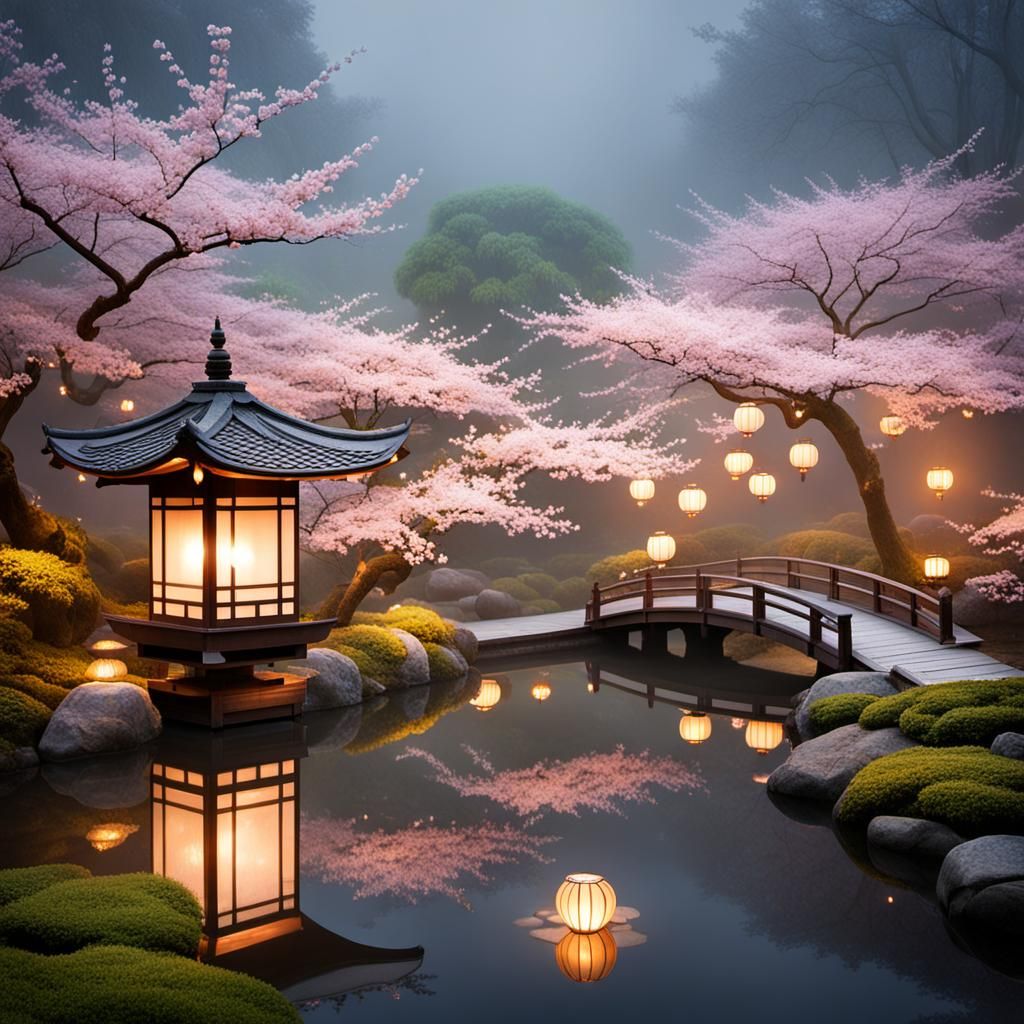 Tranquil Japanese Garden with Blossoms and Lanterns