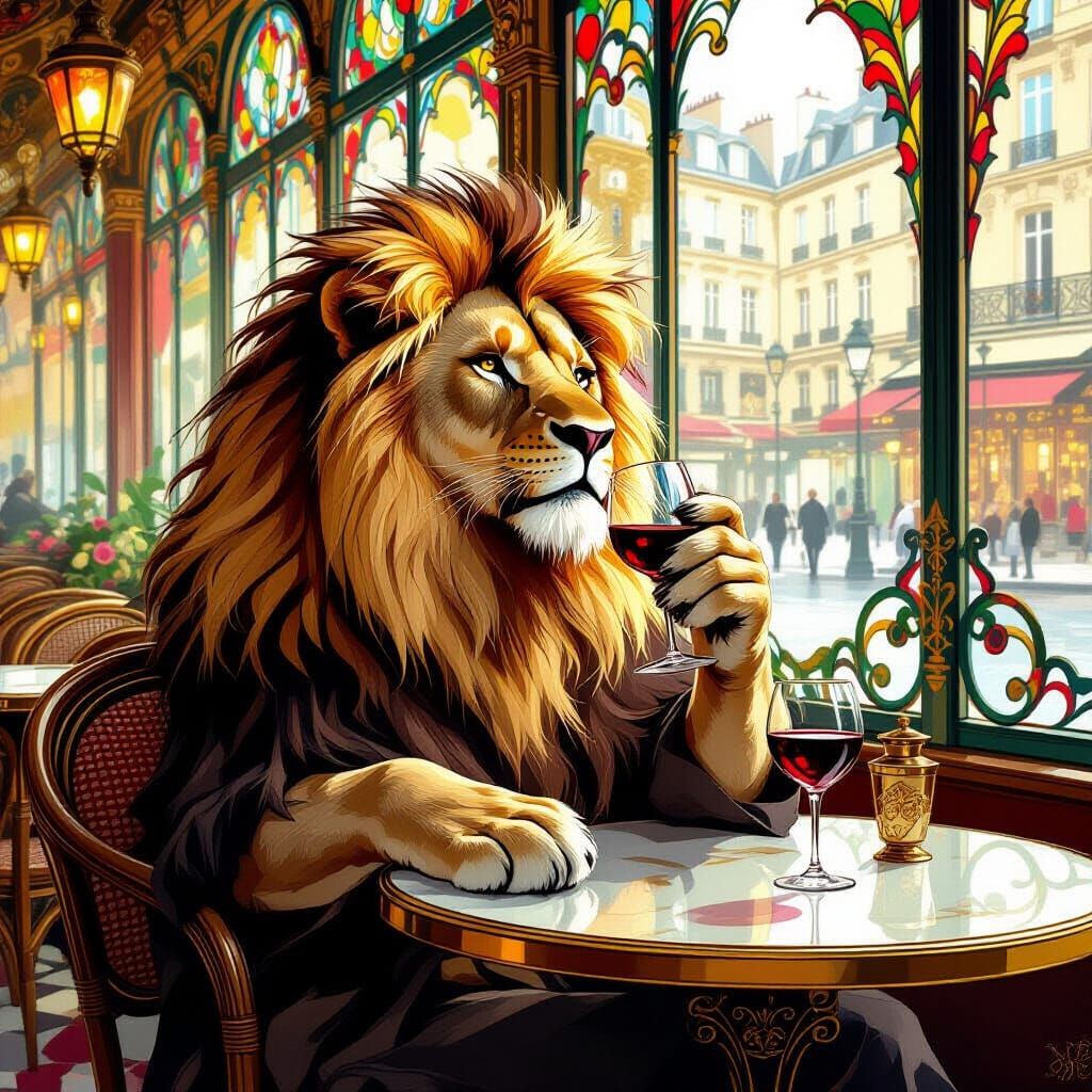 Lion Sipping Wine in Art Nouveau Cafe