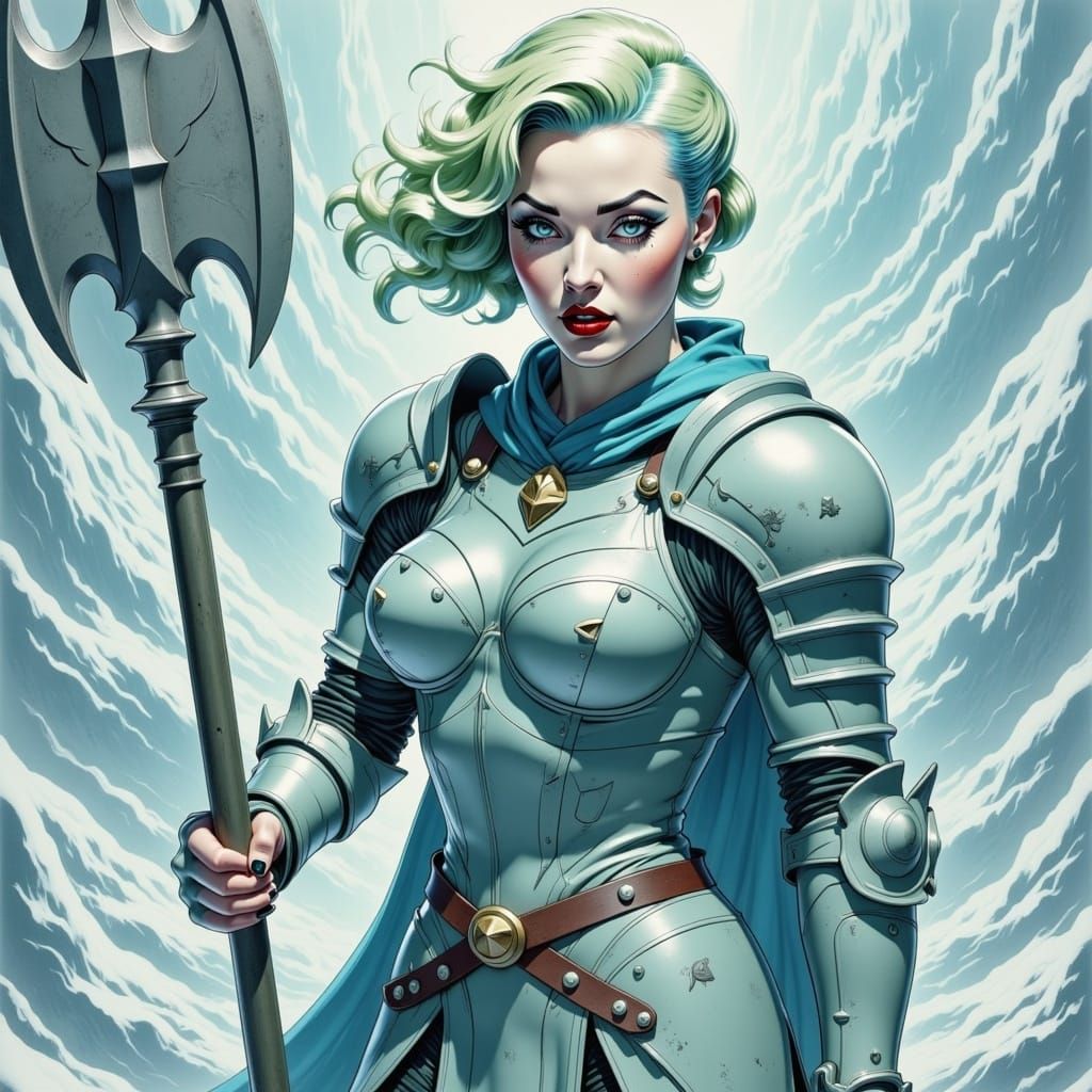 Heroic Knight on Snowy Peak in Anime Style