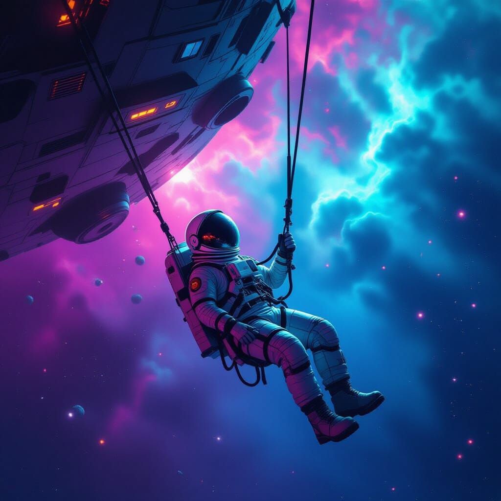Astronaut Tethered to Alien Ship Amidst Neon Nebulae