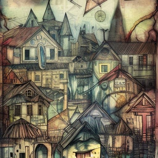 Artistic Village Collage in Modern Boho Style