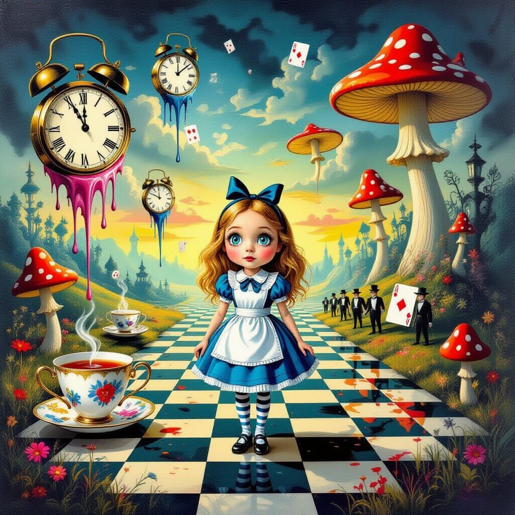 Alice In Surreal Wonderland With Melting Clocks