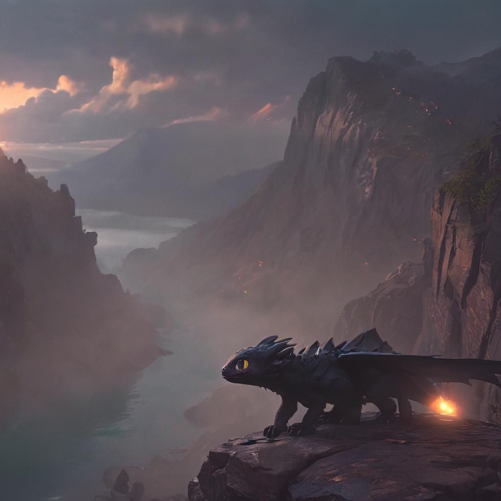 Toothless Perched on a Rocky Fjord in a Golden Misty Light