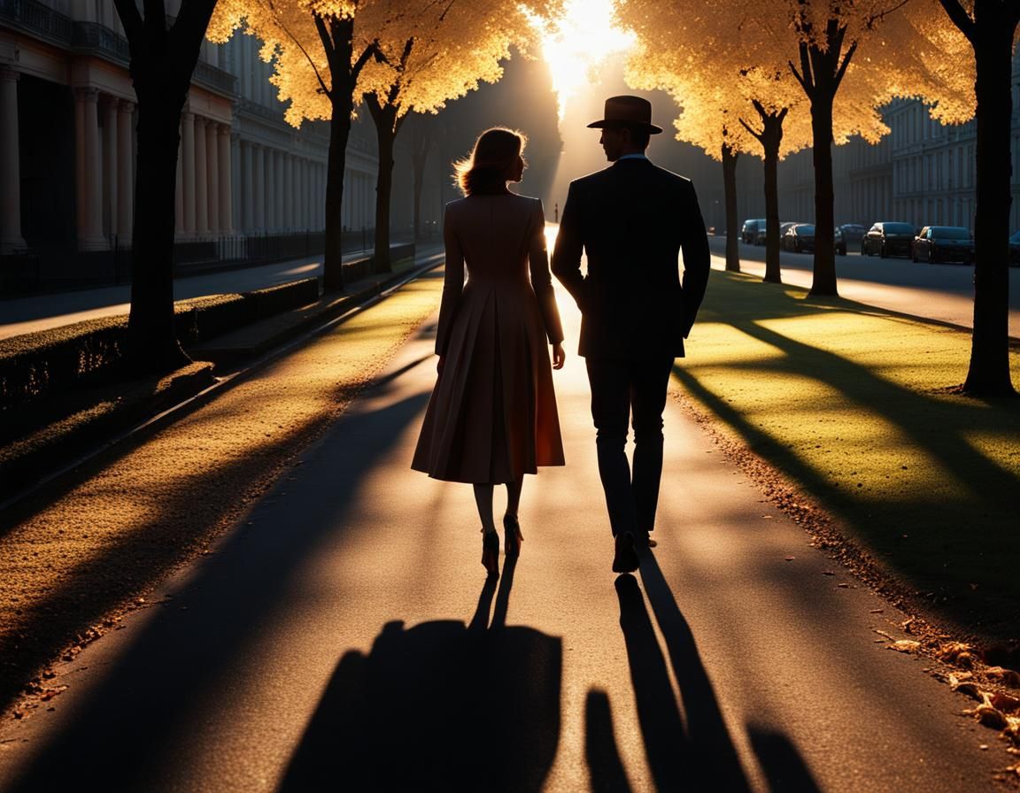 Figures Strolling at Magic Hour with Volumetric Lighting