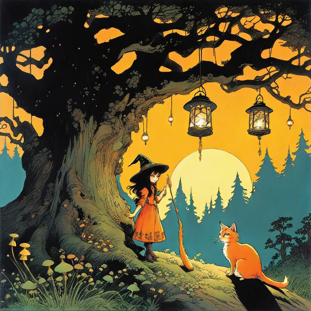 Cute Witch and Cat by Magical Tree