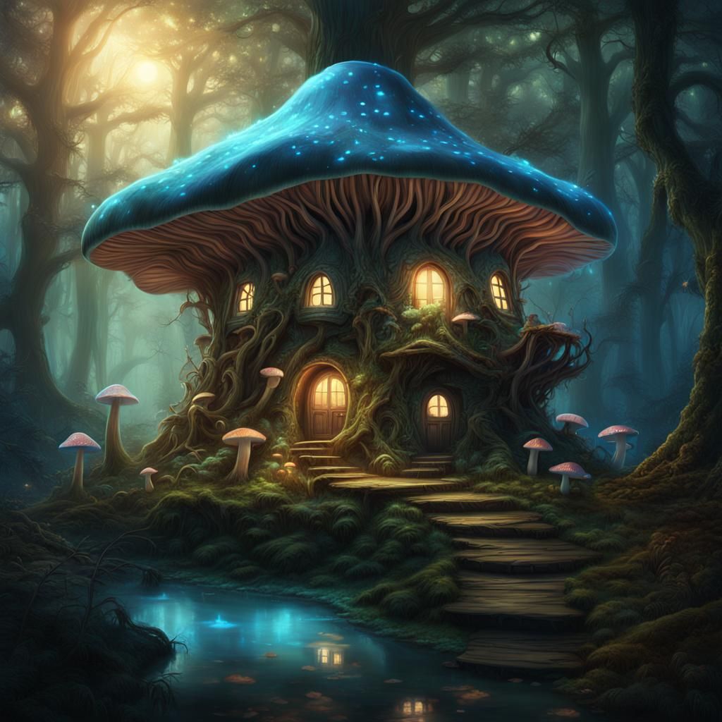 Enchanted Fairy Mushroom House in Bioluminescent Forest
