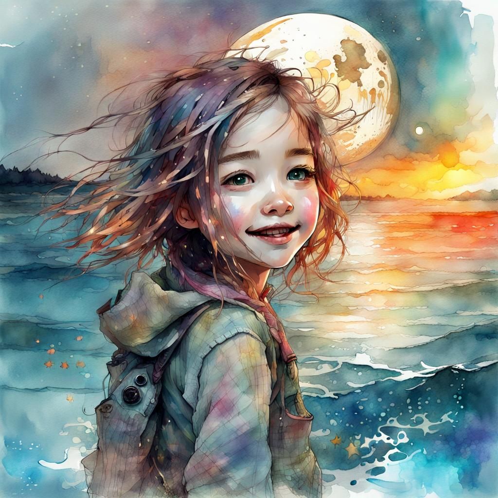 Chibi Girl in Underwater Fantasy, Watercolor Art