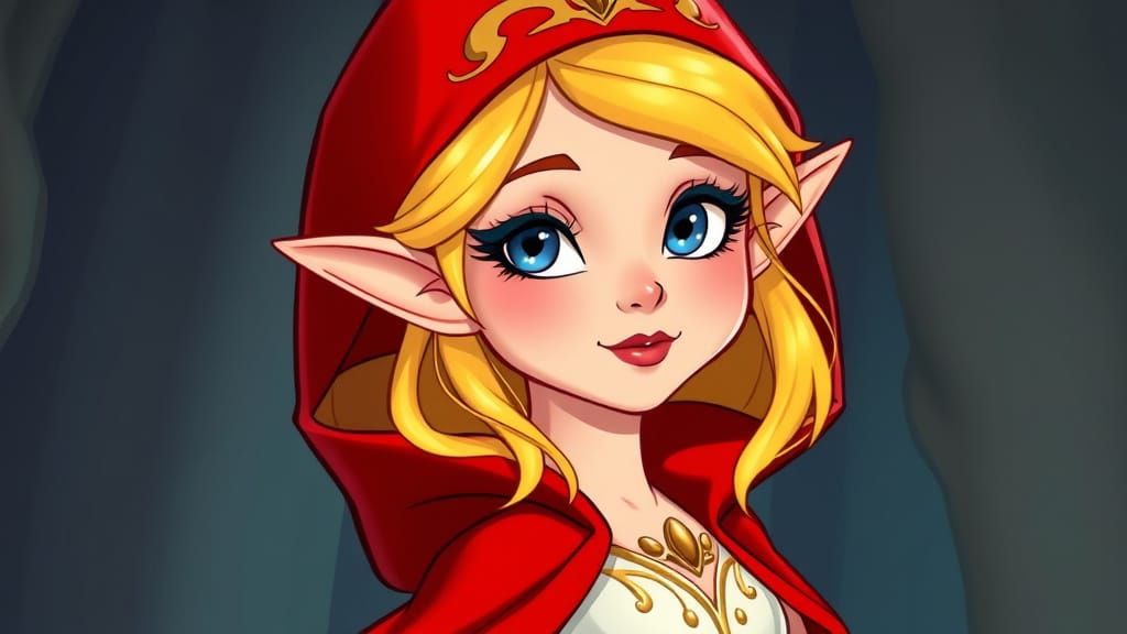 Regal Fantasy Elf Princess in Golden Locks and Crimson Cape