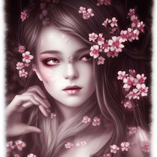 Gothic Cherry Blossom Fantasy in Sepia Chalk Art