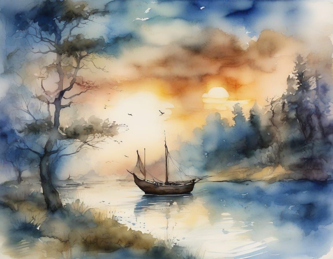 Whimsical Watercolour Lake Scene with Animals and Dreamy Atm...
