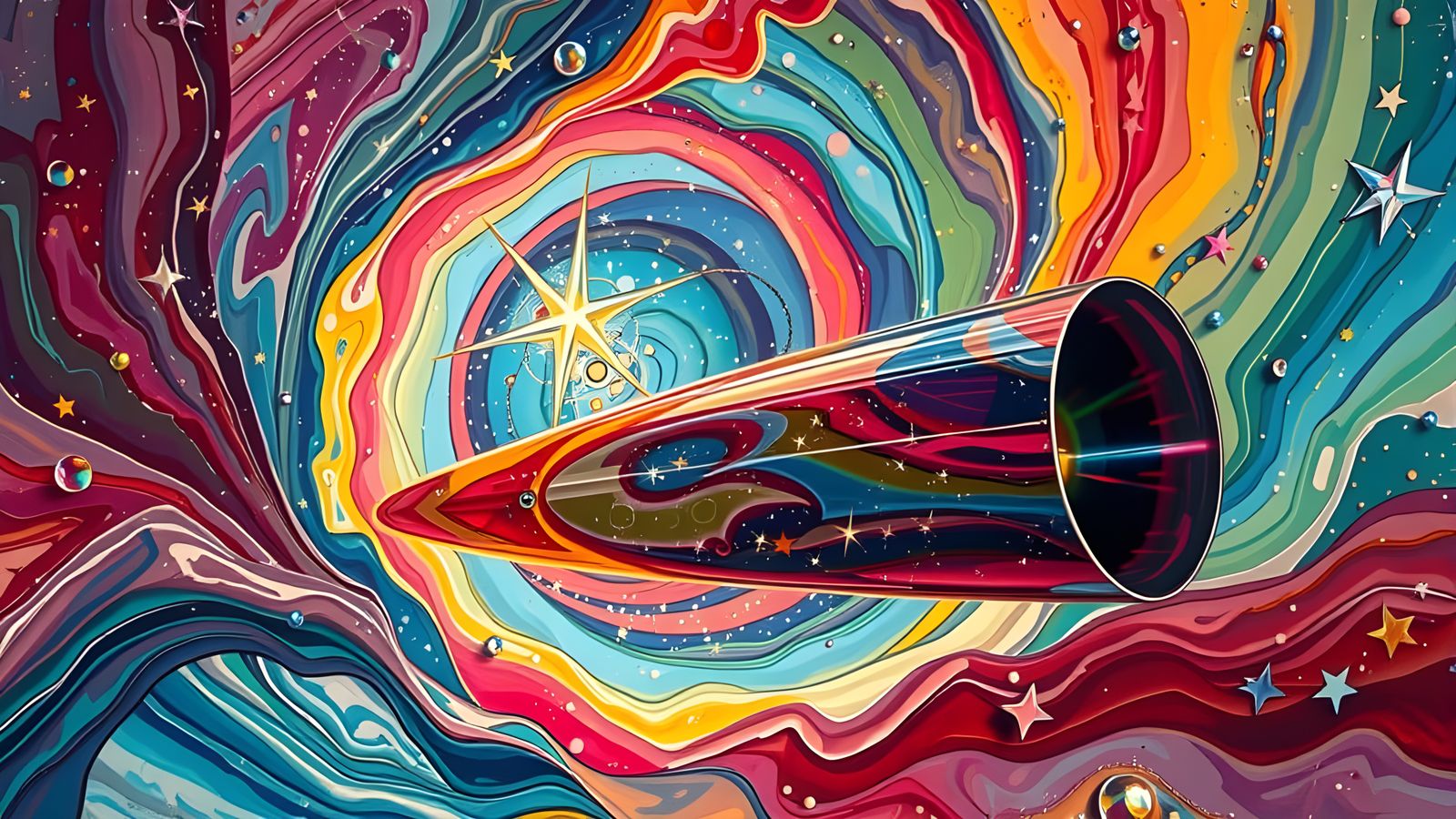 Iridescent Cosmic Cylinder Reflecting Kandinsky Stars