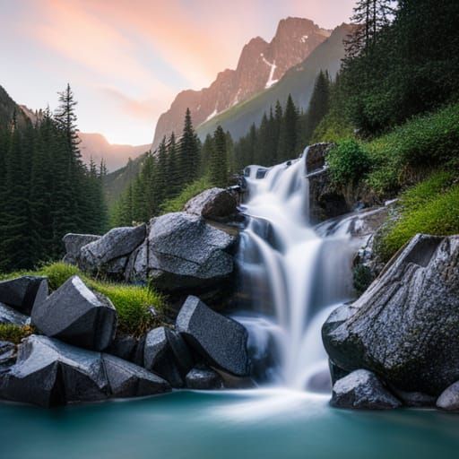 Majestic Waterfall Flowing Through Mountain Landscape