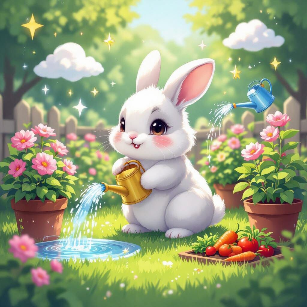 Adorable Fluffy Rabbit Watering Magical Plants in Anime Styl...