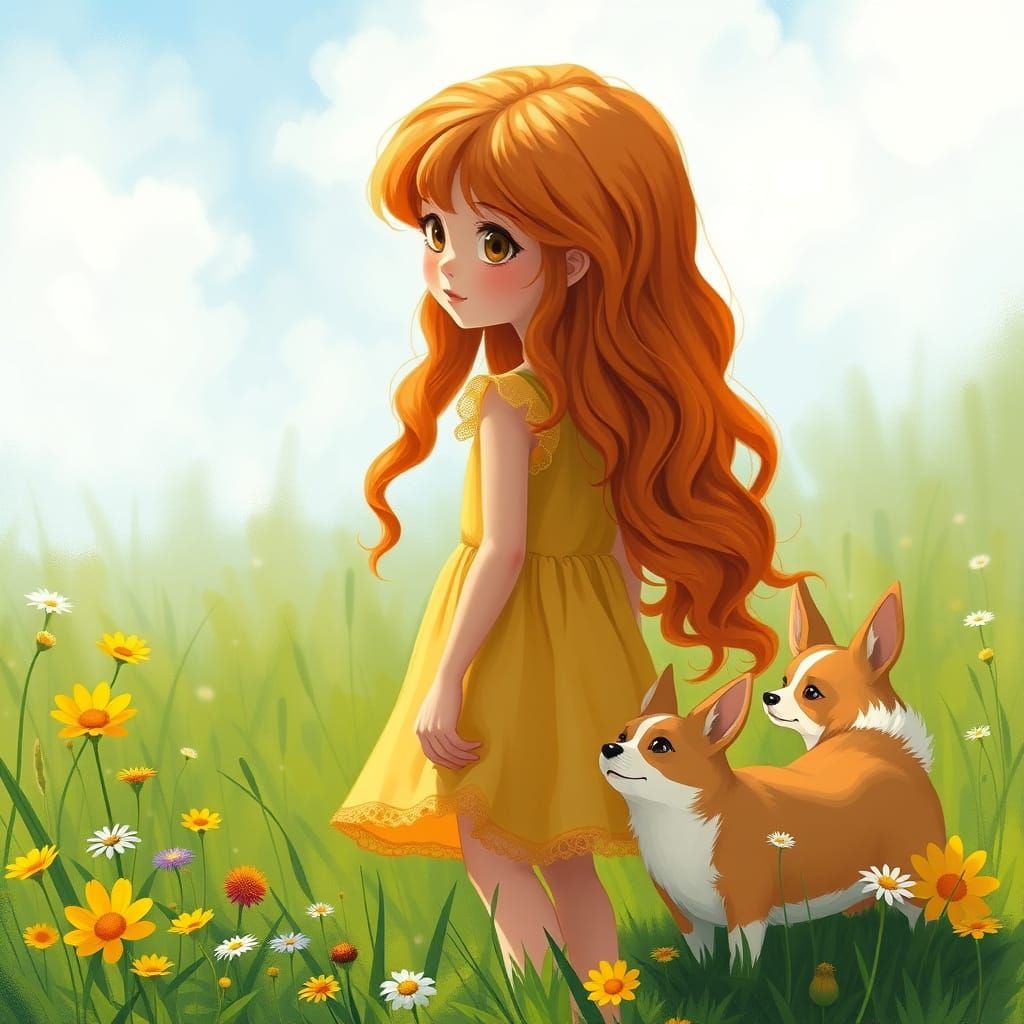 Girl and Corgi in Enchanted Meadow