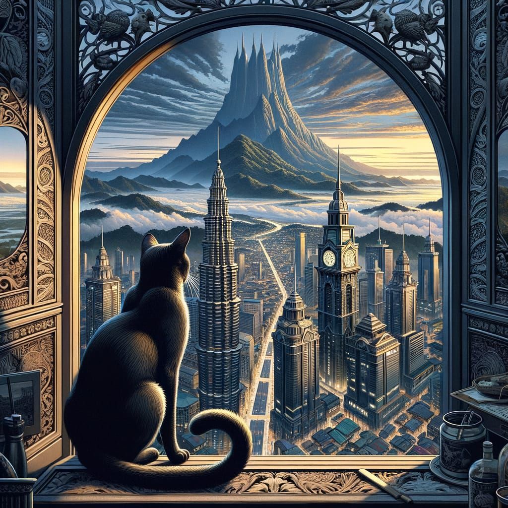 Black Cat Overlooking Kota Kinabalu in Detailed Illustration