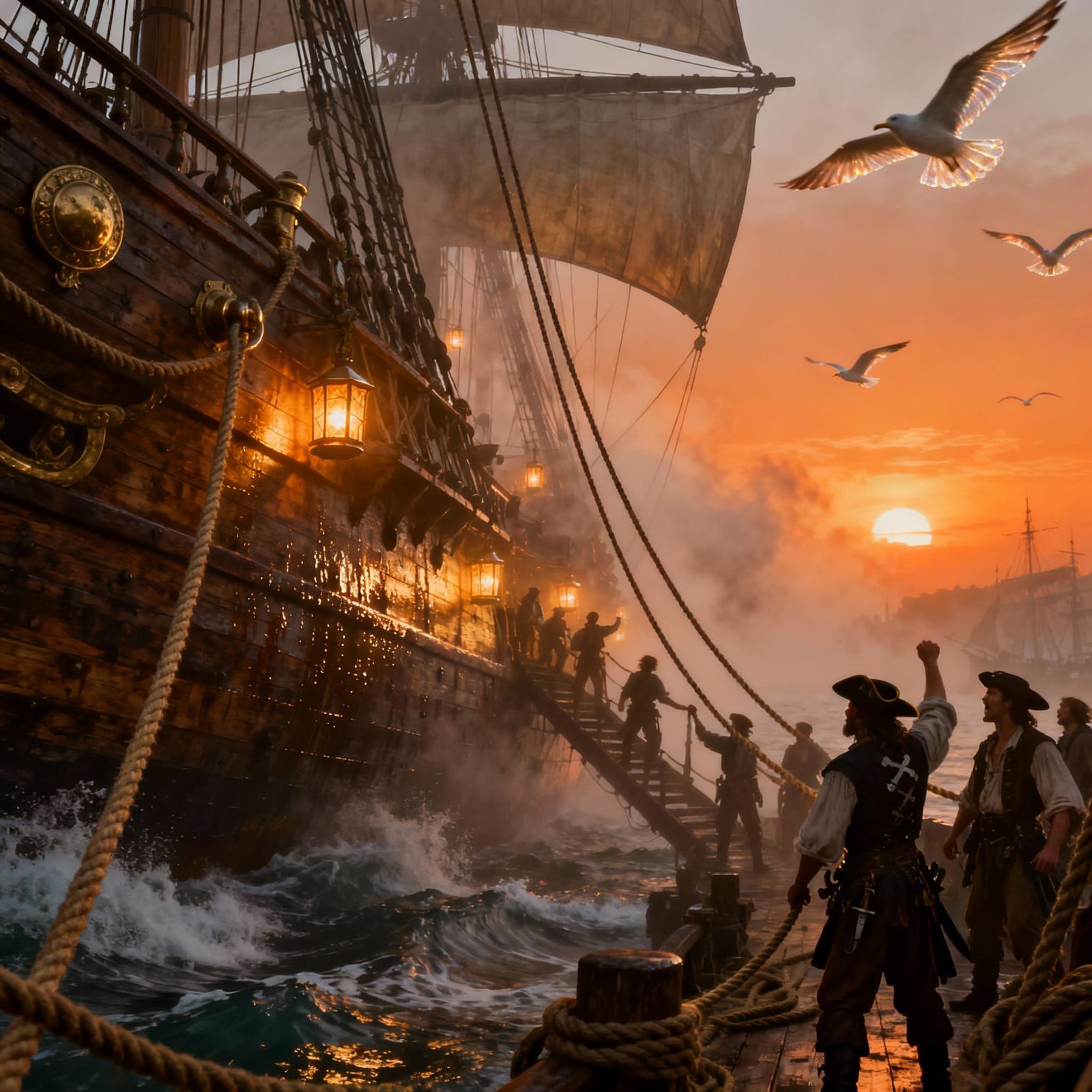 Pirate Ship Prepares for Voyage in Misty Harbor