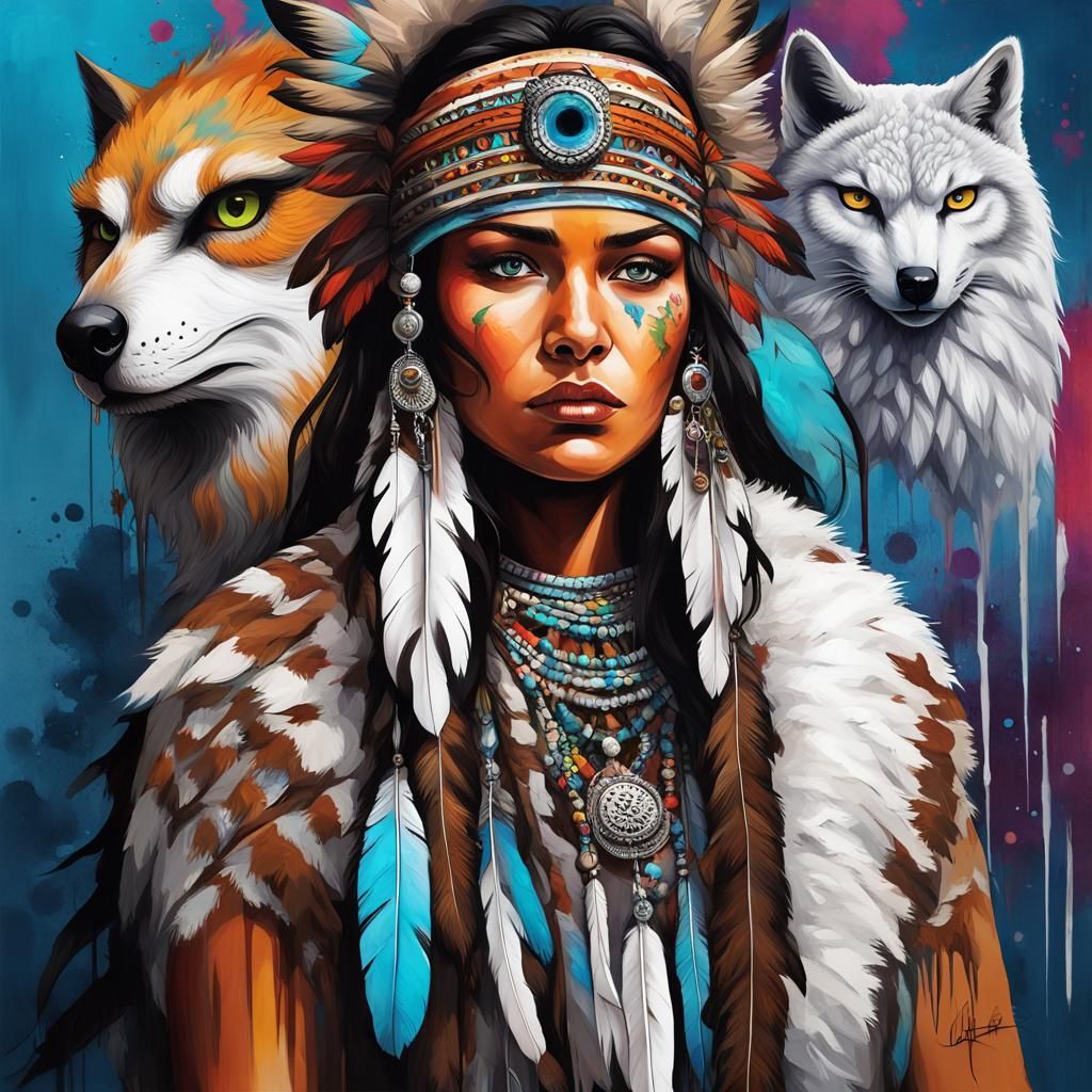 Cherokee Bride with Owl and Wolf in Graffiti Style