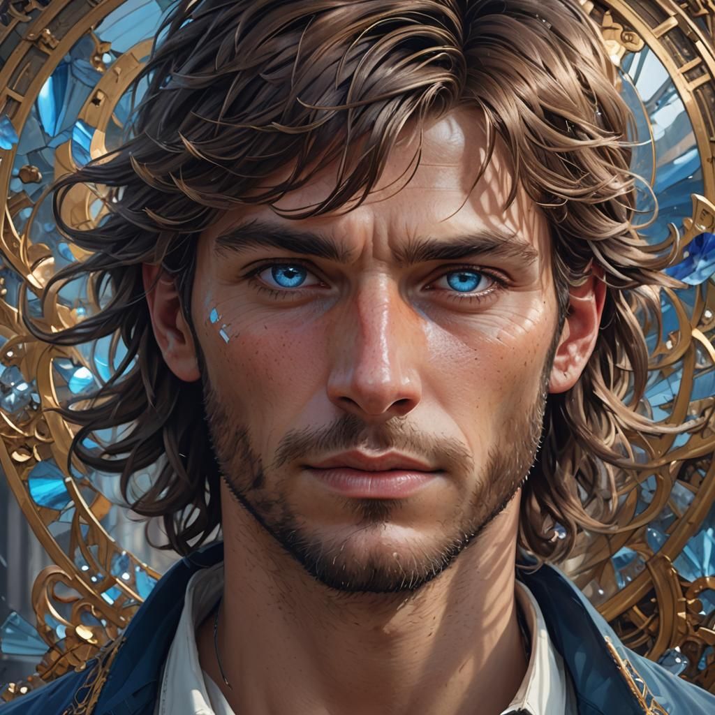 Dynamic Portrait of a Man with Brown Hair and Blue Eyes