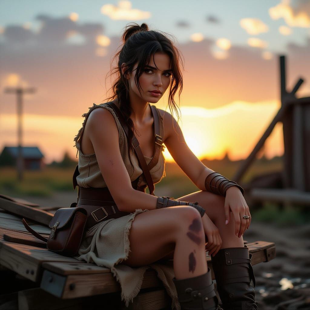 Woman on Overturned Cart in Cinematic Realism