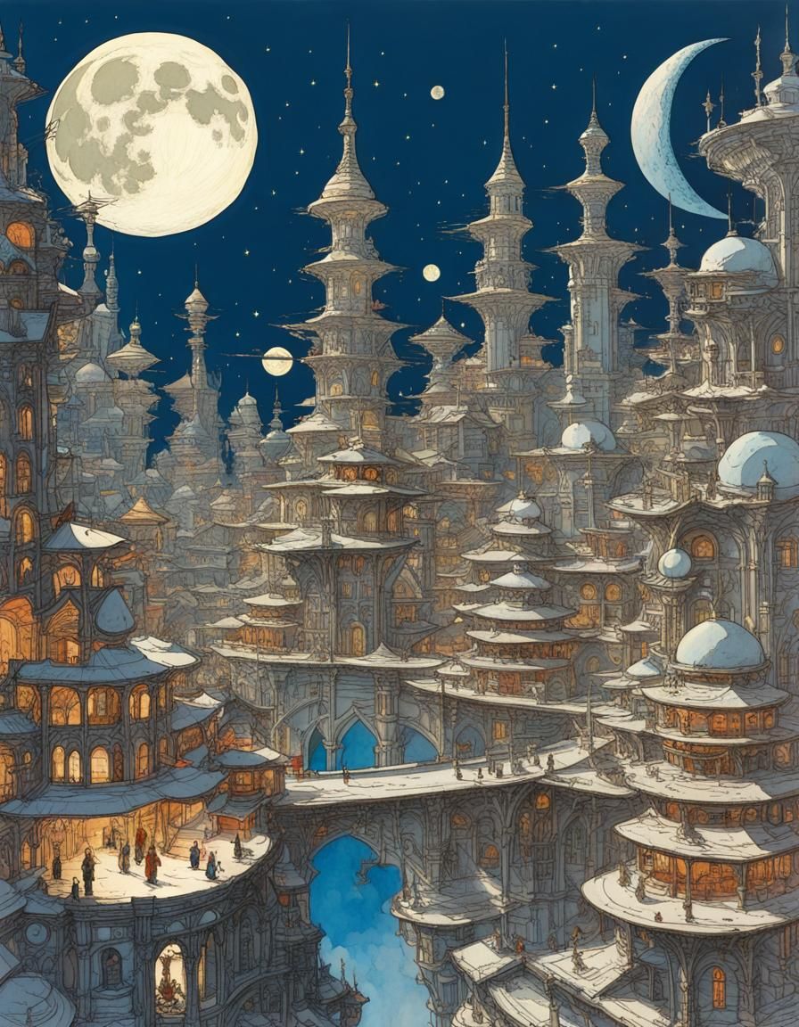 Moon City in Fantasy Art Style