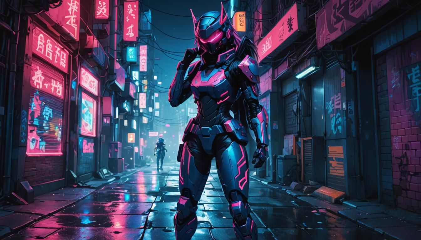 Cyberpunk Anime Warrior in Neon Alley