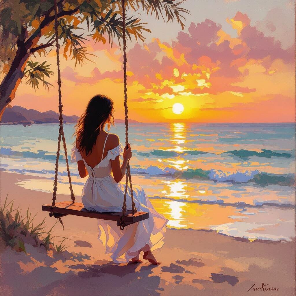 Woman on Beach Swing at Sunset in Painterly Style