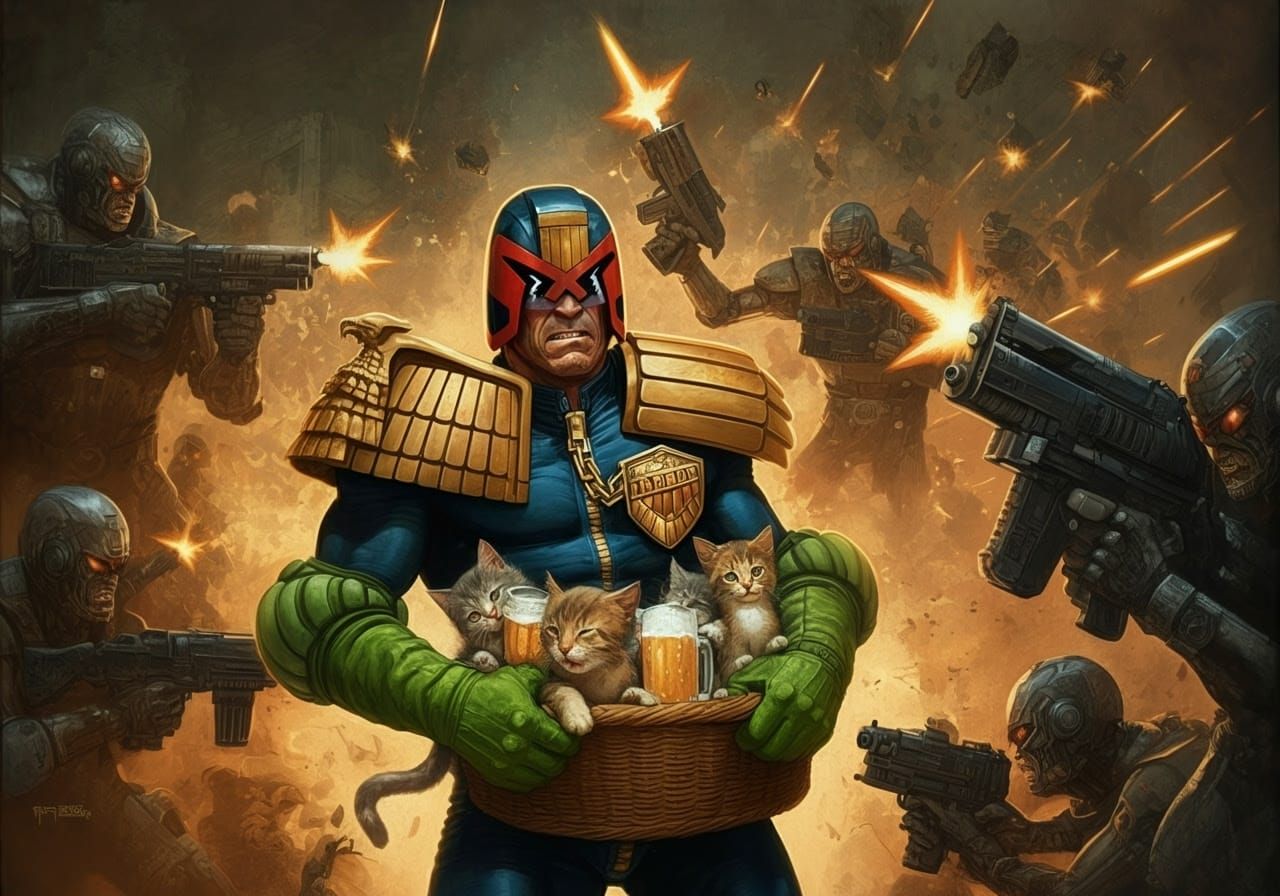 Judge Dredd Battles Cyborgs with Beer-Drinking Kittens