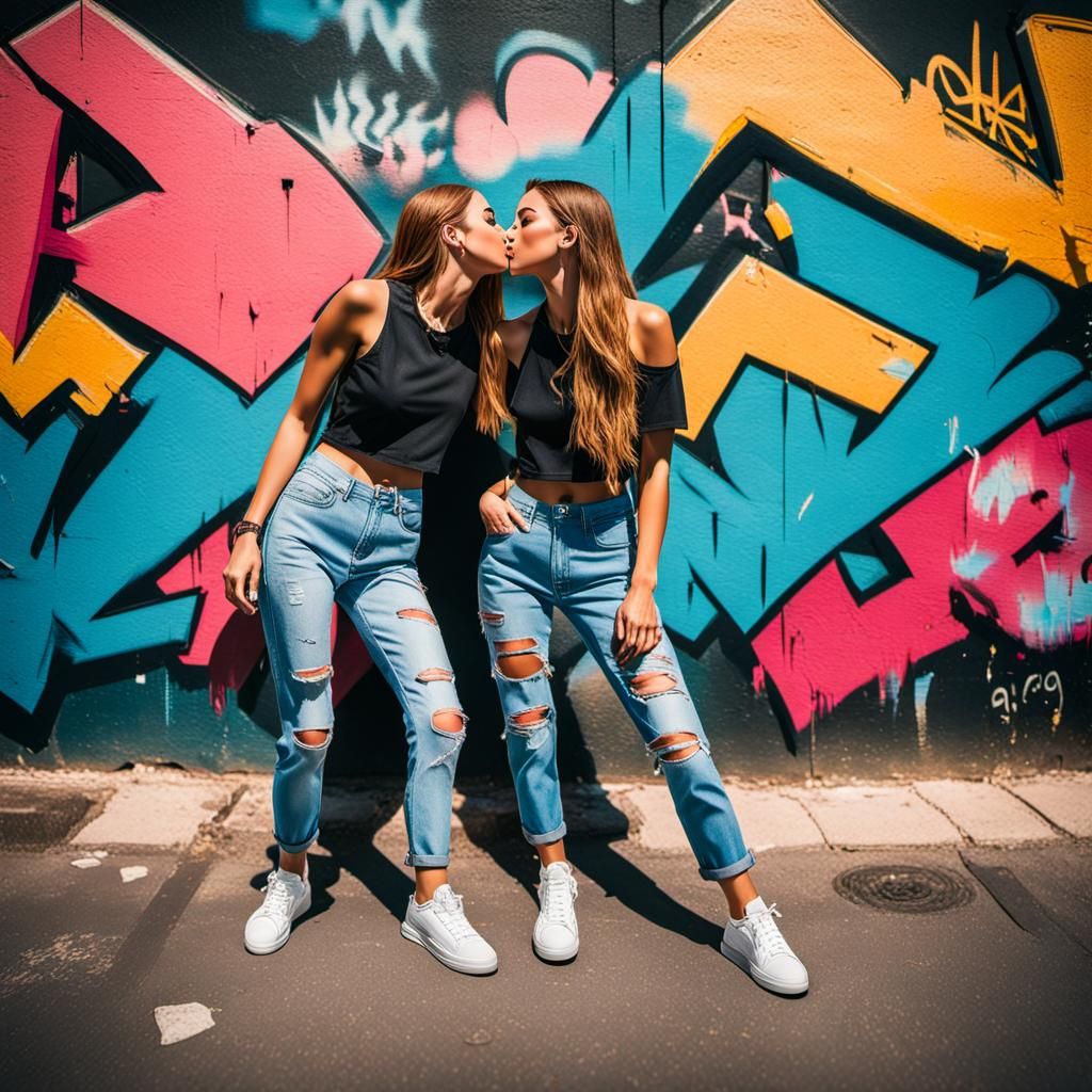 Girls Kissing in Vibrant City Street Photography