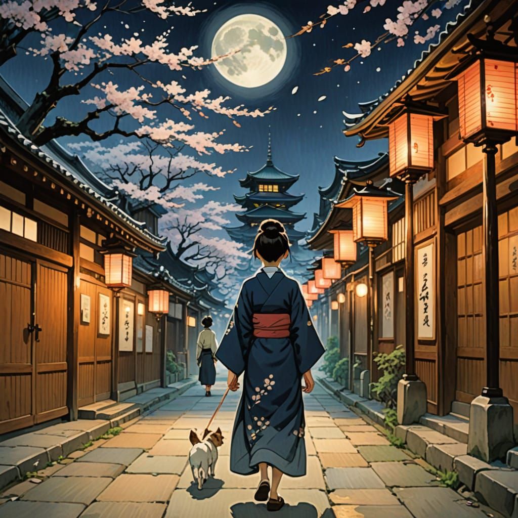 Elegant Woman Strolls Under Cherry Blossoms in Traditional J...