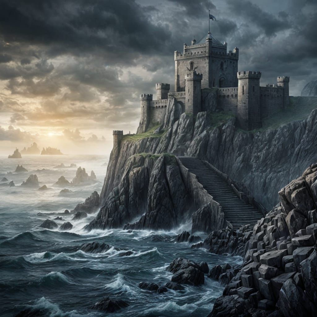 Viking Fortress on Cliff: Dark Fantasy Digital Painting