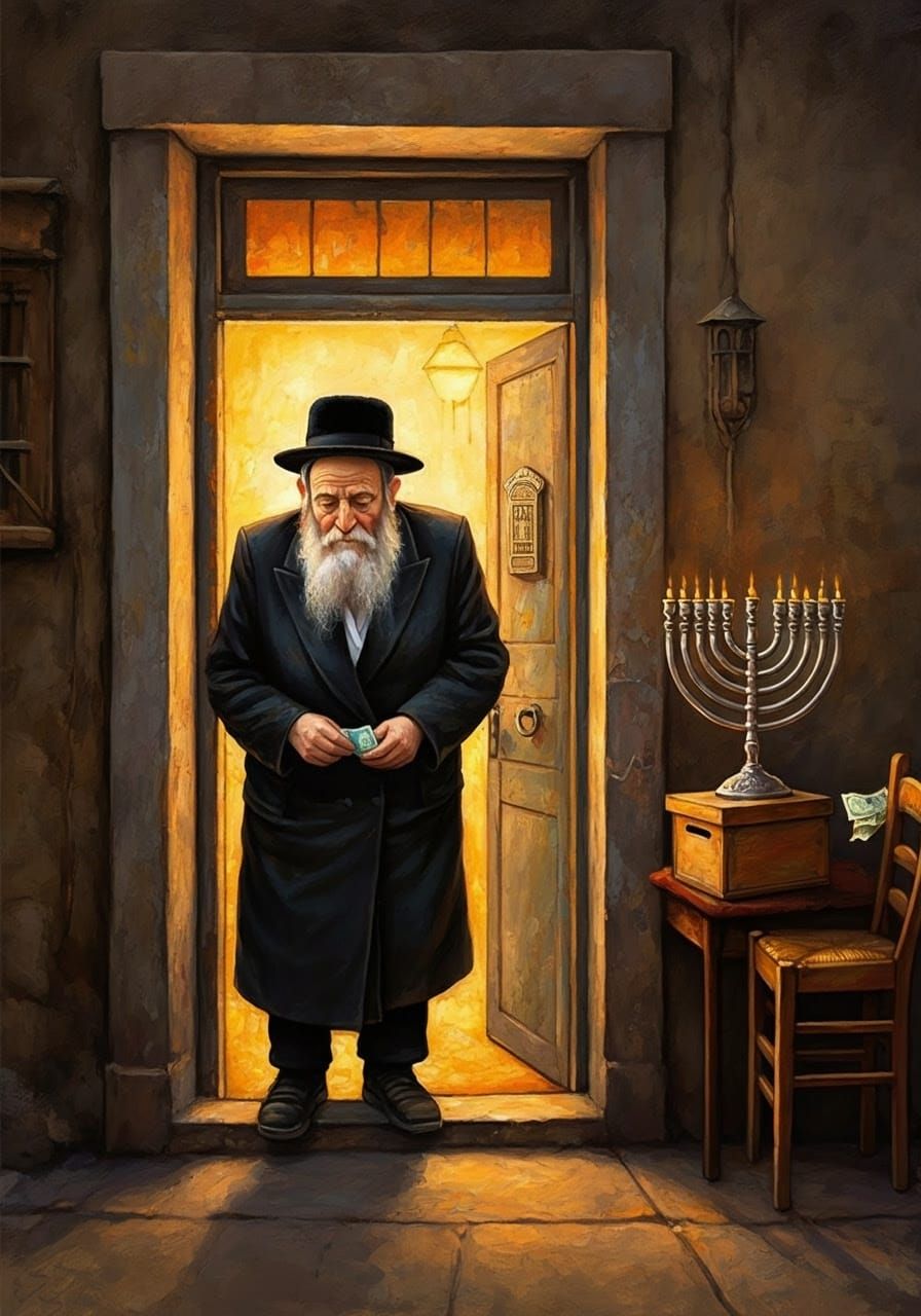 Elderly Hasidic Man in Traditional Attire with Open Door
