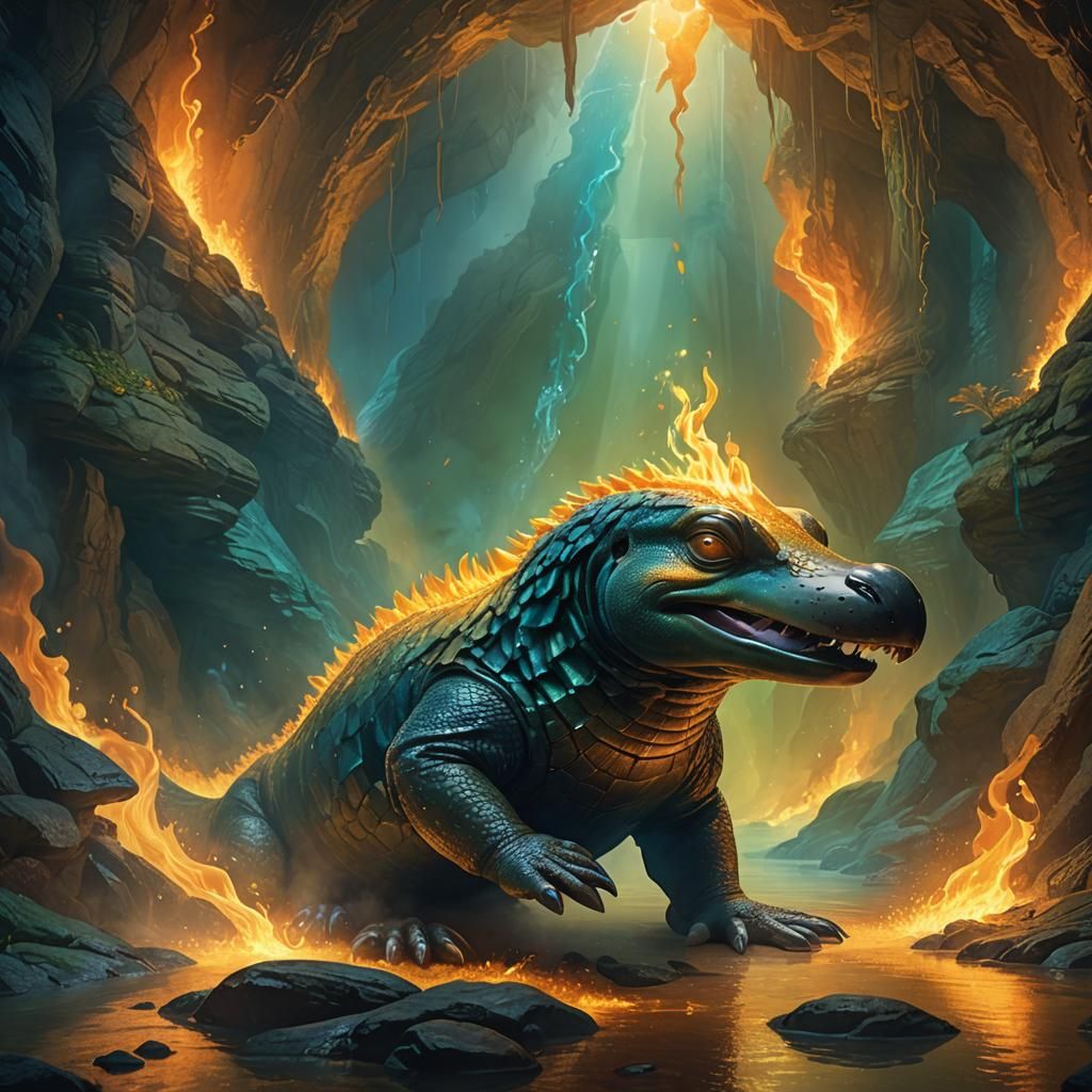 Reptilian Platypus Breathing Fire in Golden Cave