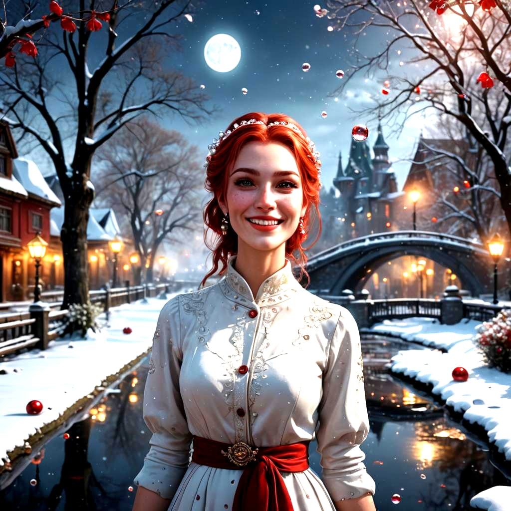 Smiling Woman Walks by Bridge in Detailed Digital Art