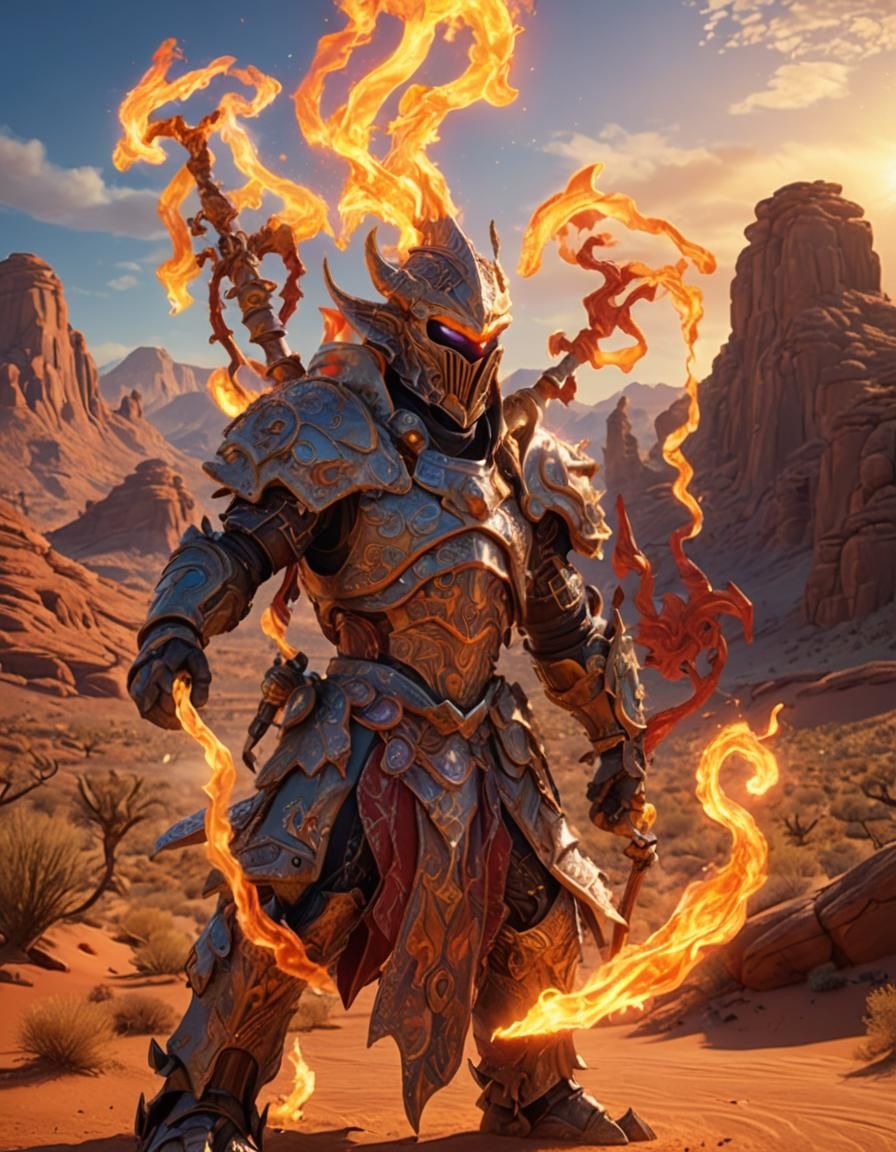 Heroic Fire Mage in Blazing Desert, Pixar-Inspired 3D Art