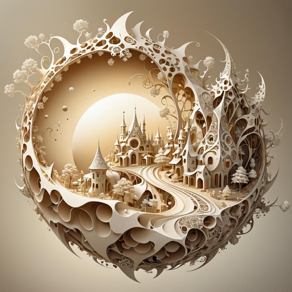 Fractal Planet with Houses and Trees in 3D Shading