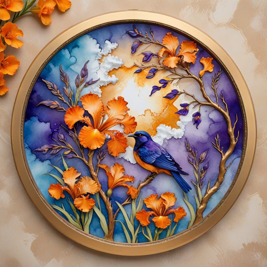 Alcohol Ink Art: Iris Flowers, Clouds, and Bird in Gold Fram...