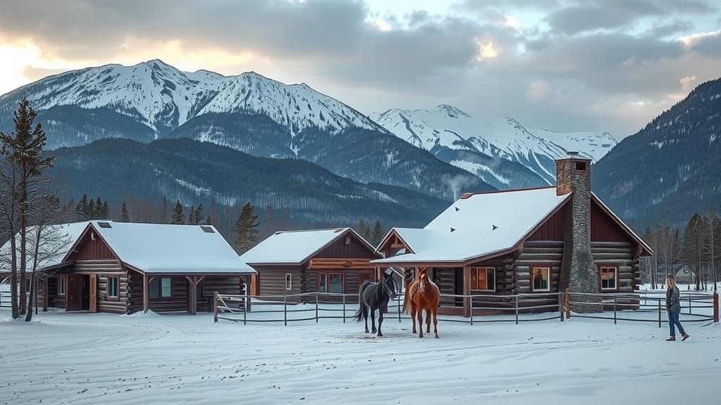 Snowy Ranch with Horses in Hyperrealistic Alcohol Ink Style