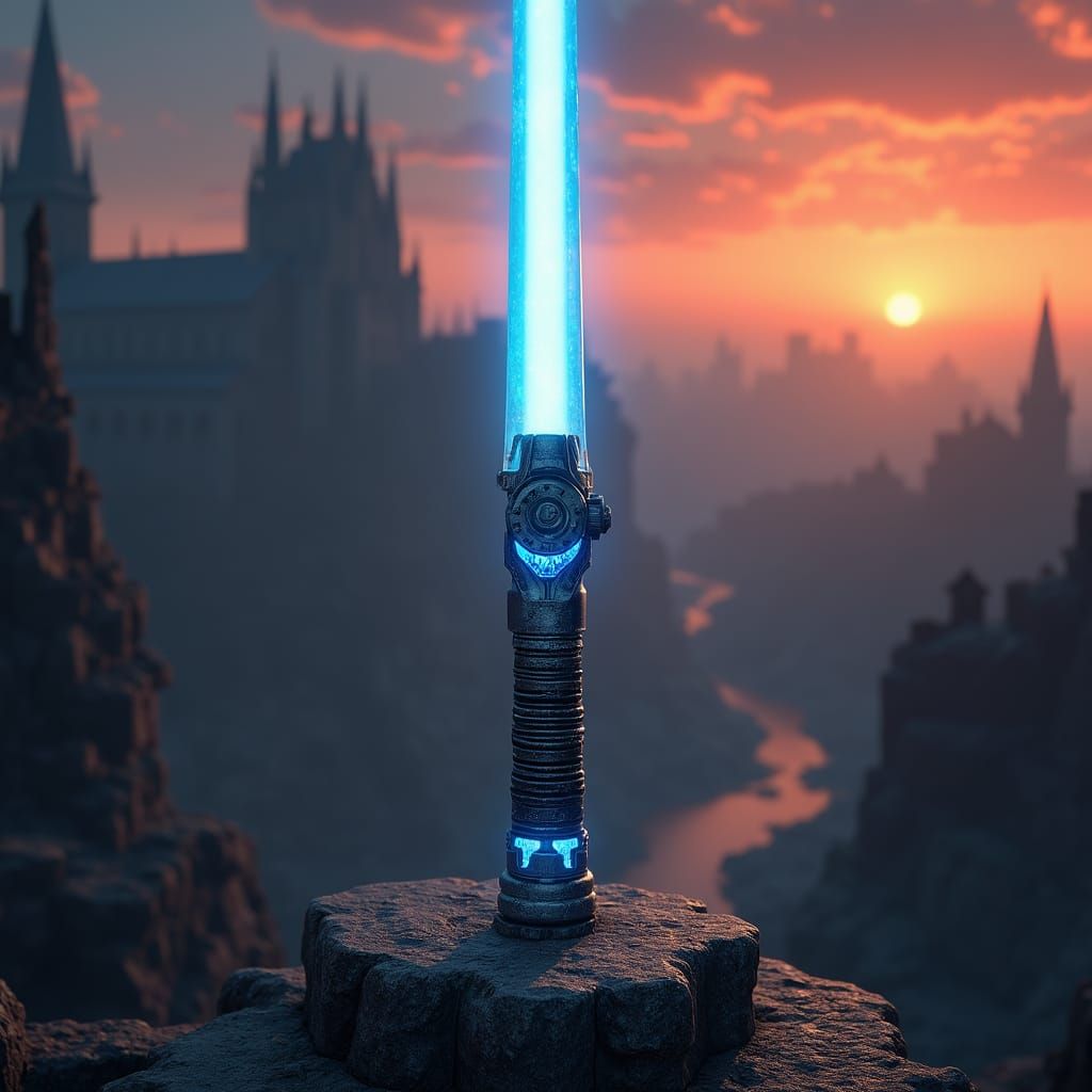 Glowing Azure Lightsaber Hilt Amidst Dystopian City Ruins