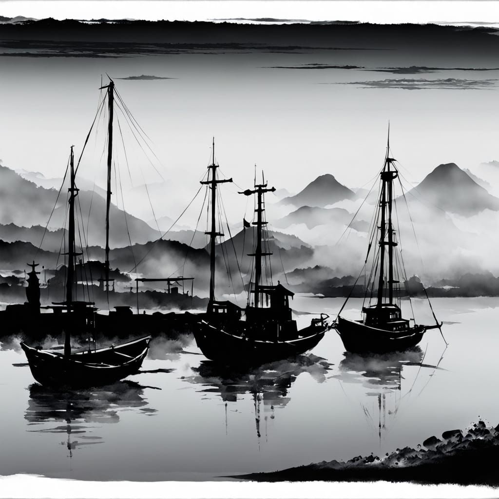 Serene Harbor in Sumi-e Style