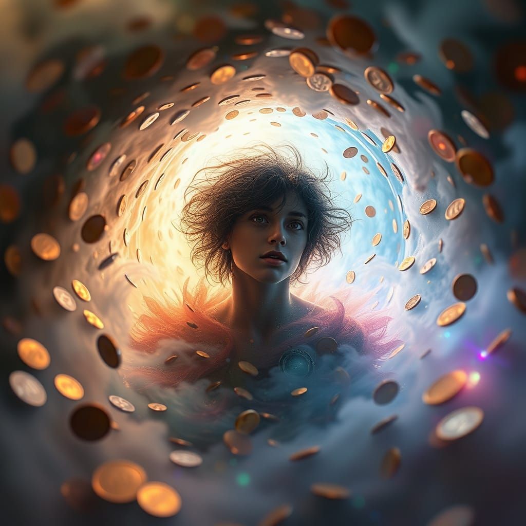 Whimsical Coin Vortex in Dreamlike Realism