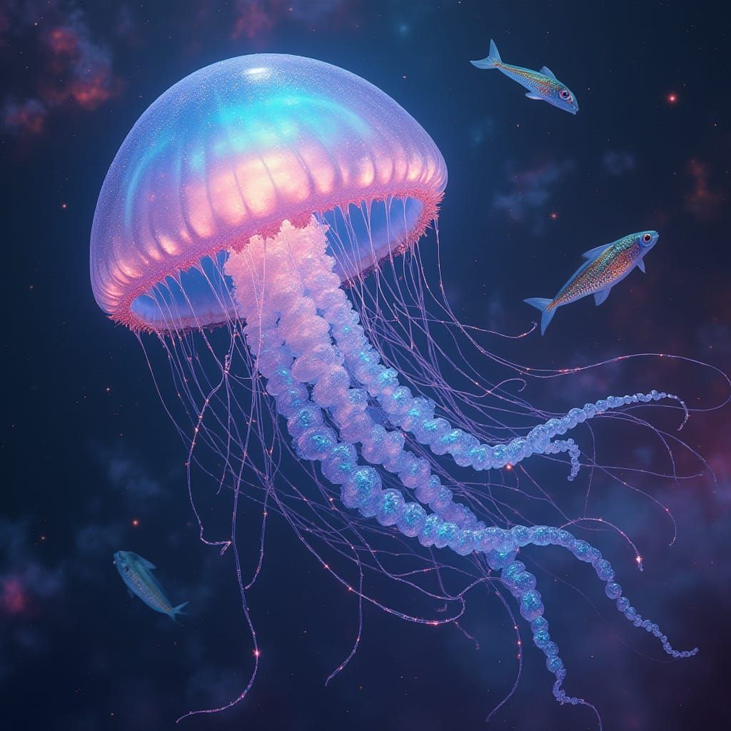Bioluminescent Jellyfish and Shimmering Fish in Nebula