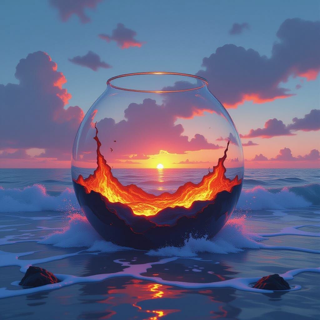 Molten Lava Waves in Glass Against the Sea