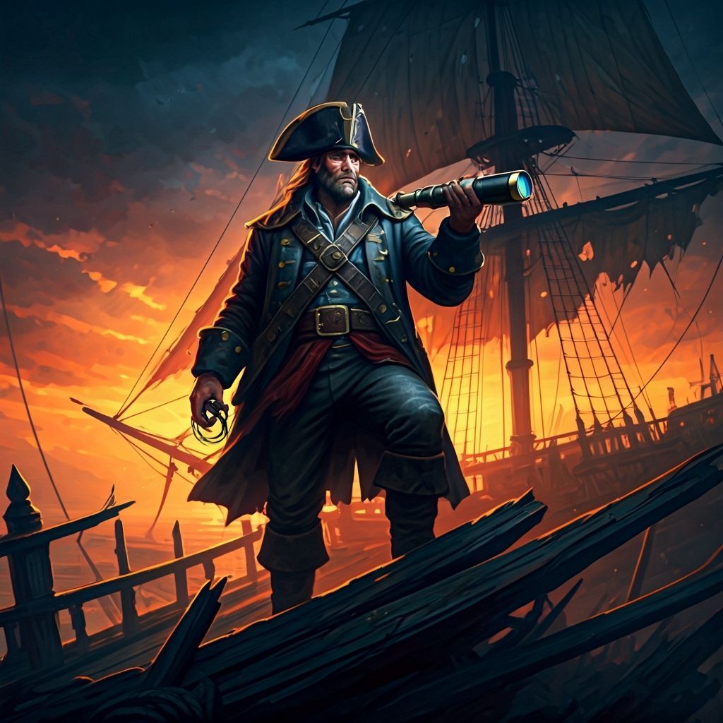 Captain on Ruined Tall Ship with Spyglass