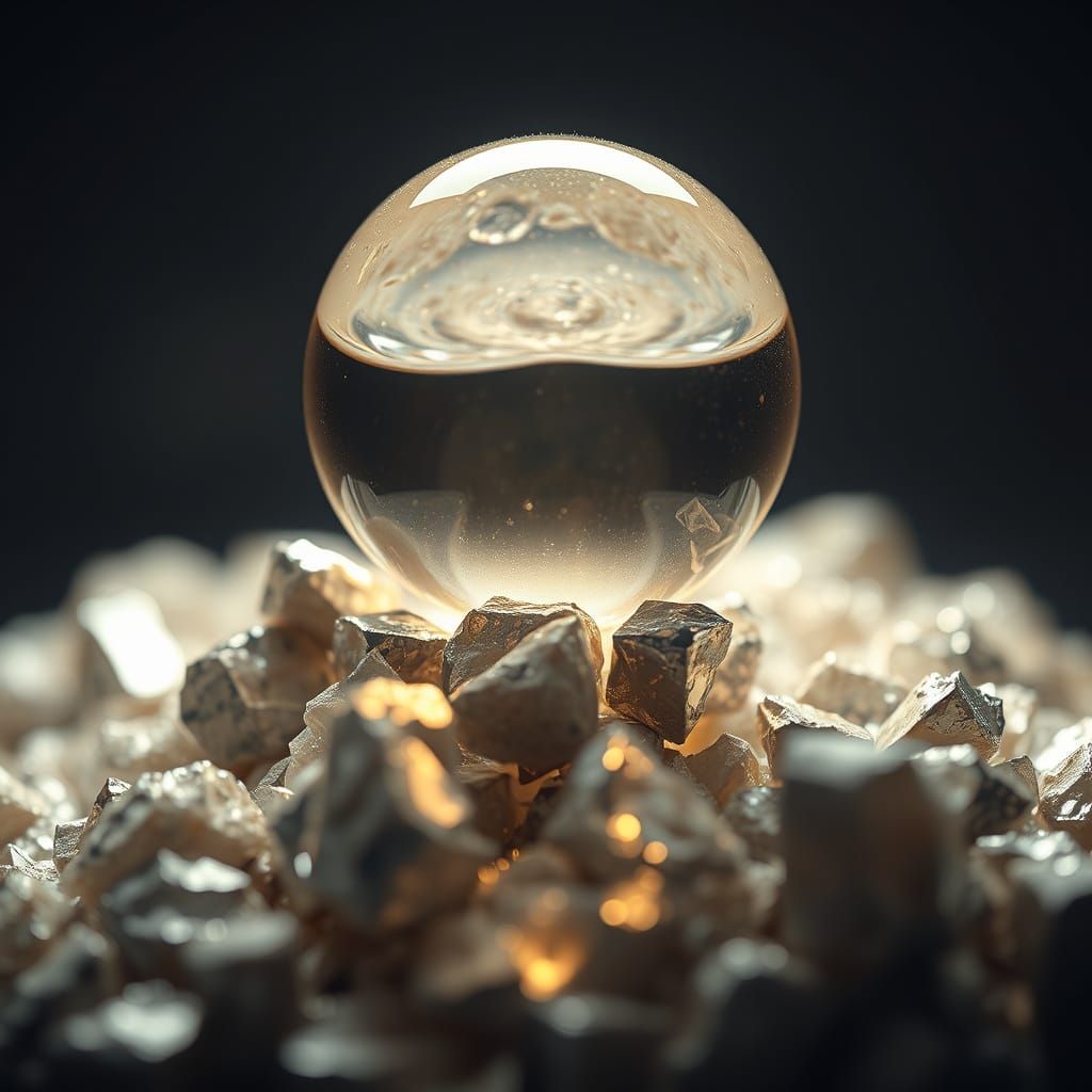 Chrome Spheres Hover Above Fragmented Minerals in High-Contr...