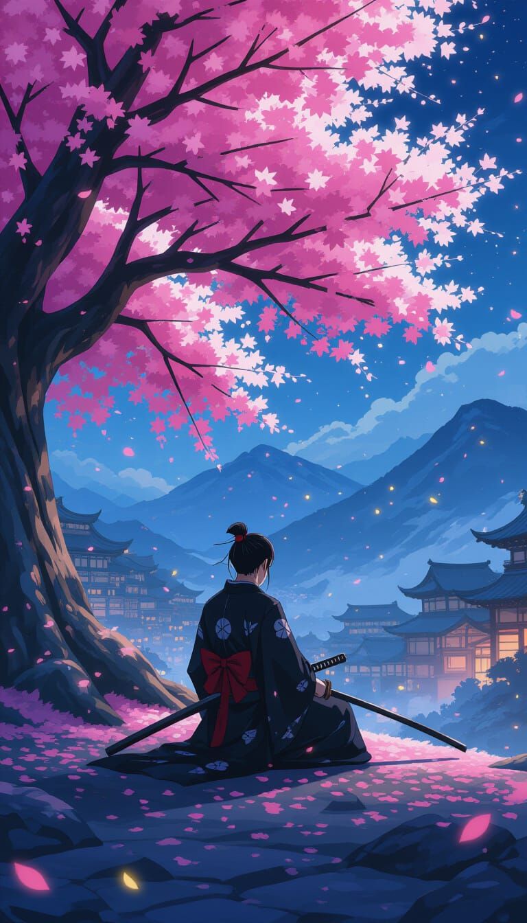 Swordsman Under Sakura Tree: Hyperrealistic Anime Illustrati...