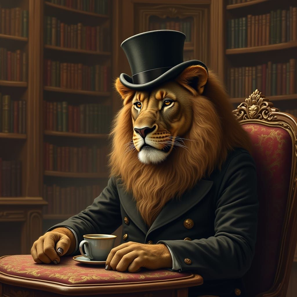 stoic lion in a grand library