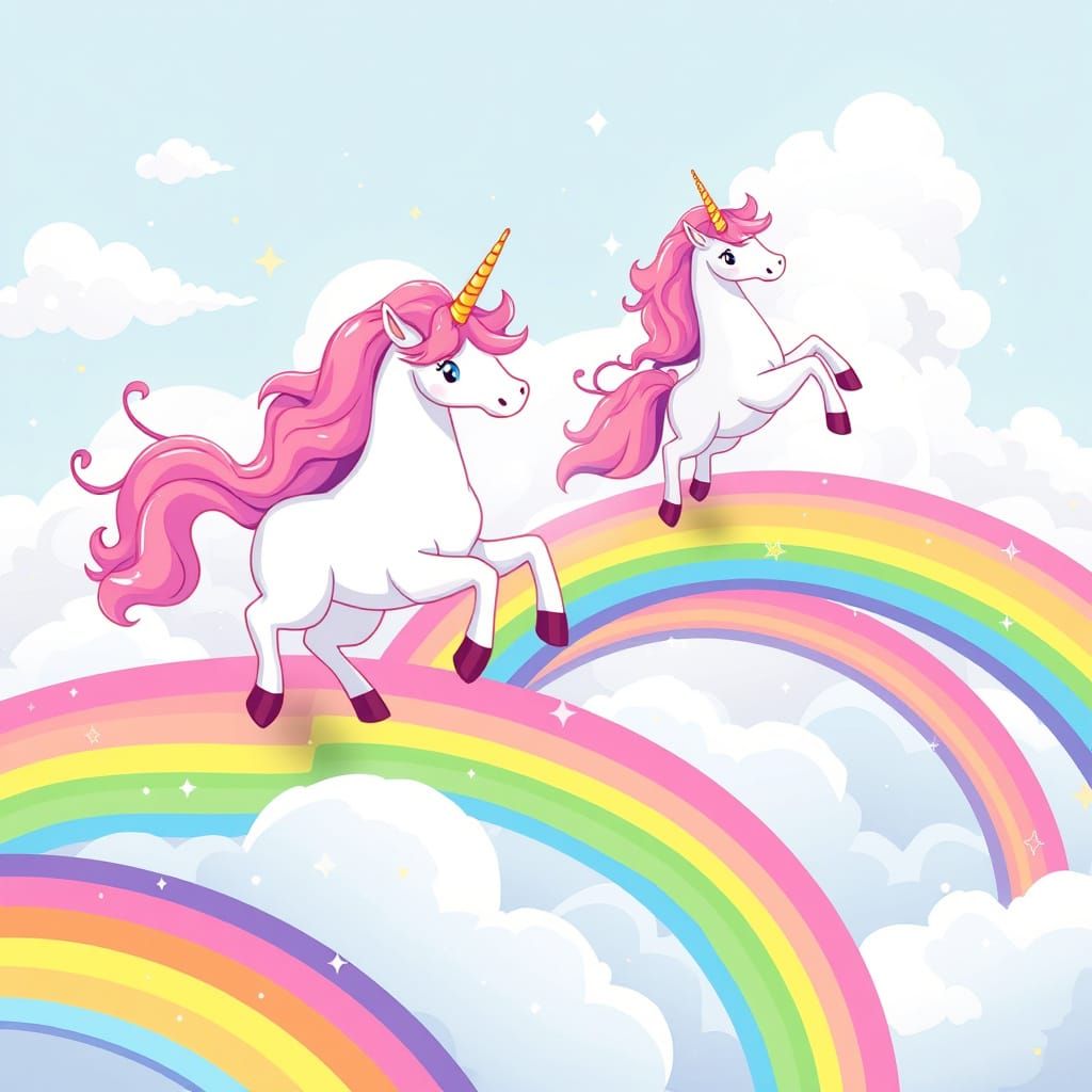 Whimsical Pink Unicorns Dancing on Rainbows in Colorful Styl...